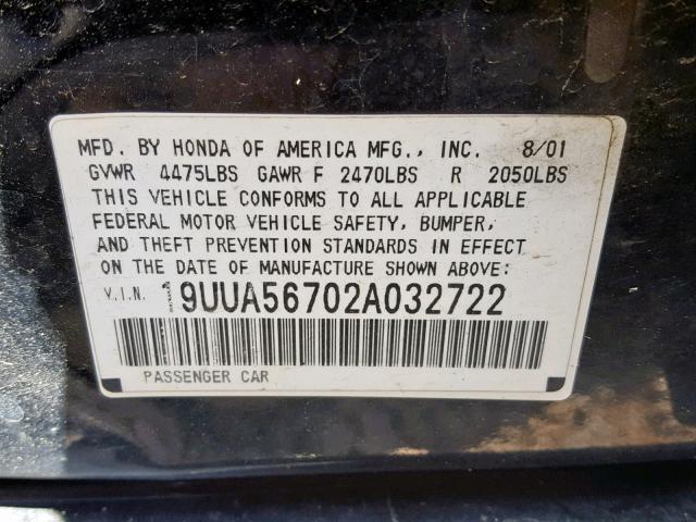 19UUA56702A032722 - 2002 ACURA 3.2TL BLACK photo 10