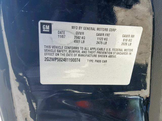 2G2WP582481190074 - 2008 PONTIAC GRAND PRIX BLACK photo 10
