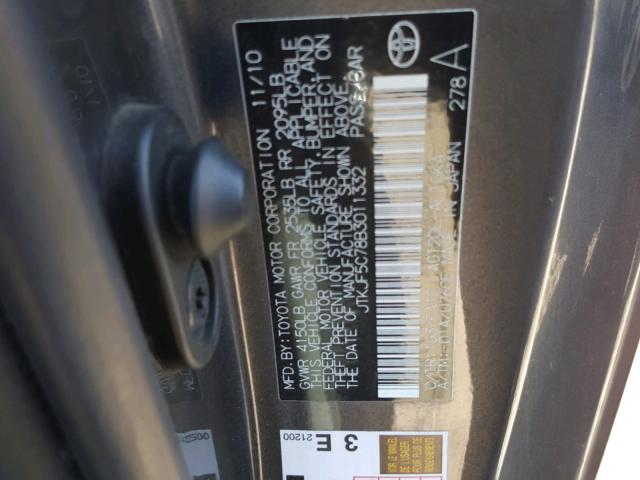 JTKJF5C78B3011332 - 2011 TOYOTA SCION TC ნაცრისფერი ფოტო 10