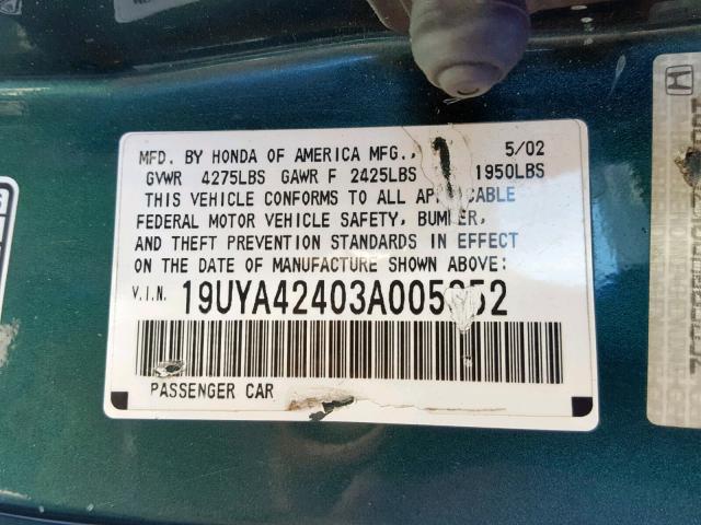 19UYA42403A005352 - 2003 ACURA 3.2CL GREEN photo 10