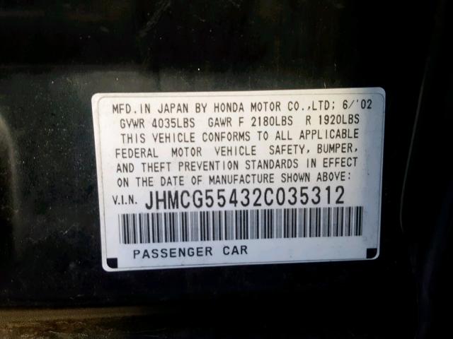 JHMCG55432C035312 - 2002 HONDA ACCORD LX BLACK photo 10