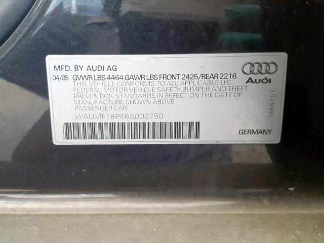 WAUMF78P46A002750 - 2006 AUDI A3 2.0 SPO BLACK photo 10