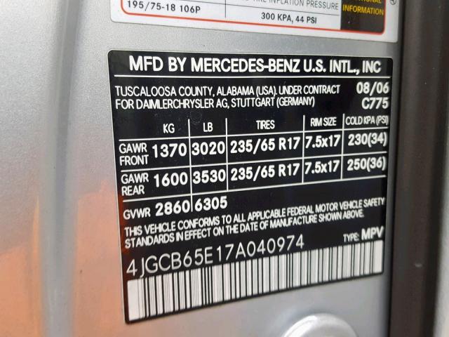 4JGCB65E17A040974 - 2007 MERCEDES-BENZ R 350 SILVER photo 10