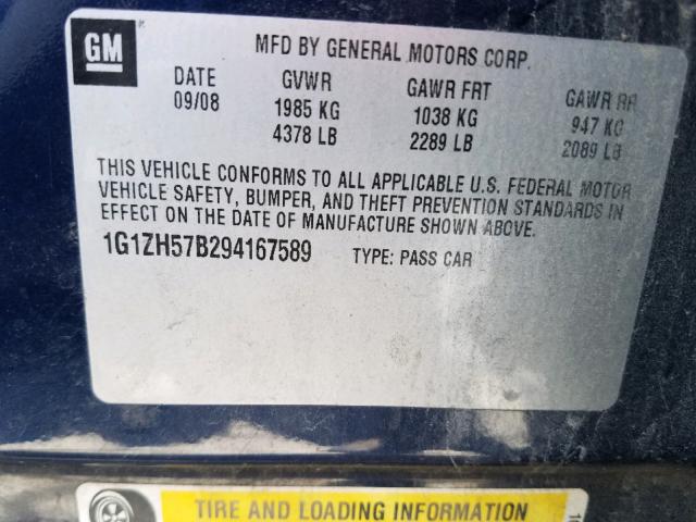 1G1ZH57B294167589 - 2009 CHEVROLET MALIBU 1LT BLUE photo 10