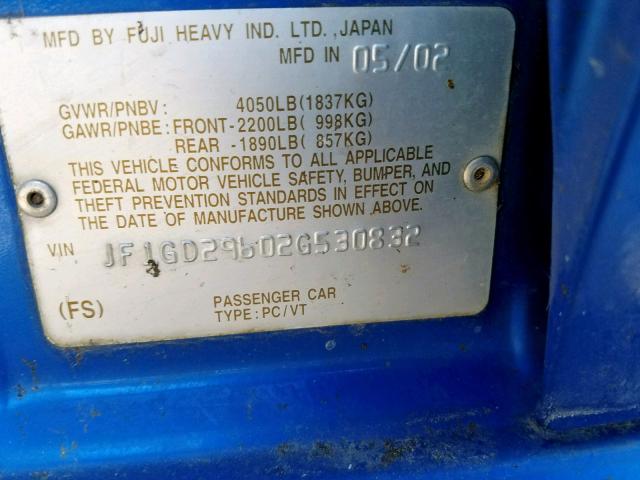 JF1GD29602G530832 - 2002 SUBARU IMPREZA WR BLUE photo 10