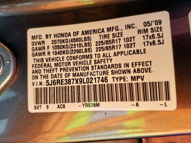 5J6RE387X9L021746 - 2009 HONDA CR-V EXL GRAY photo 10