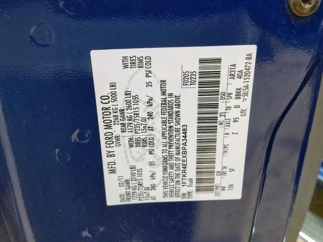 1FTKR4EEXBPA34483 - 2011 FORD RANGER SUP BLUE photo 10