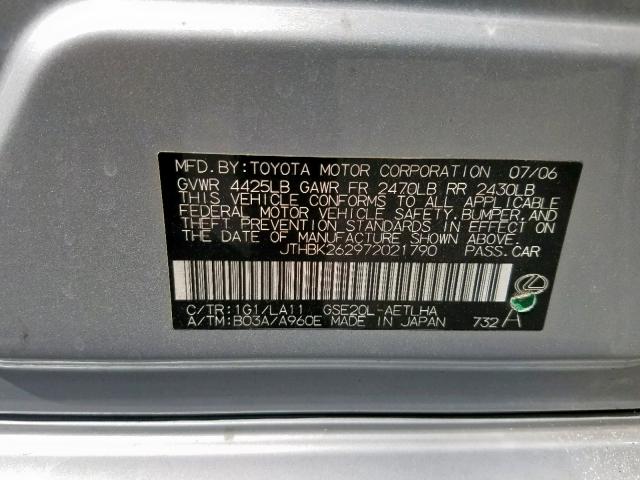 JTHBK262972021790 - 2007 LEXUS IS 250 SILVER photo 10