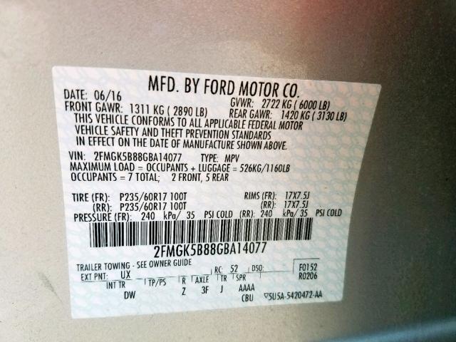 2FMGK5B88GBA14077 - 2016 FORD FLEX SE SILVER photo 10