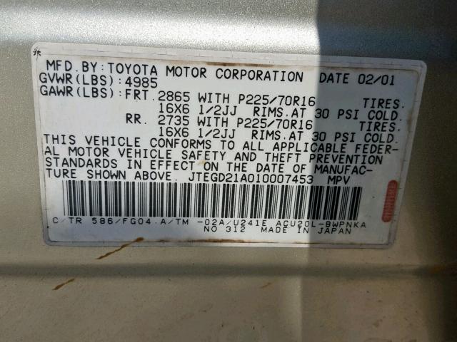 JTEGD21A010007453 - 2001 TOYOTA HIGHLANDER GOLD photo 10