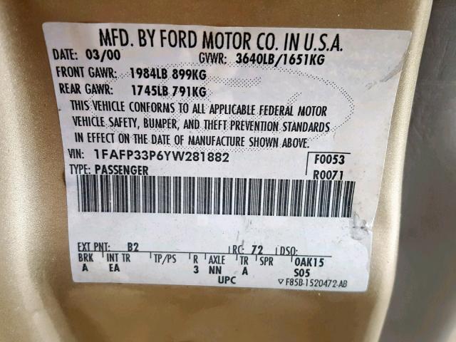 1FAFP33P6YW281882 - 2000 FORD FOCUS LX GOLD photo 10