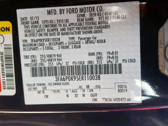 3FA6P0K95ER110038 - 2014 FORD FUSION TIT BLACK photo 10