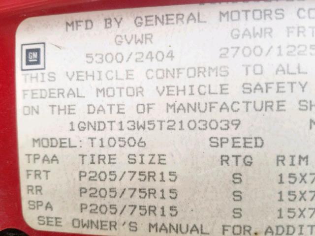 1GNDT13W5T2103039 - 1996 CHEVROLET BLAZER RED photo 10