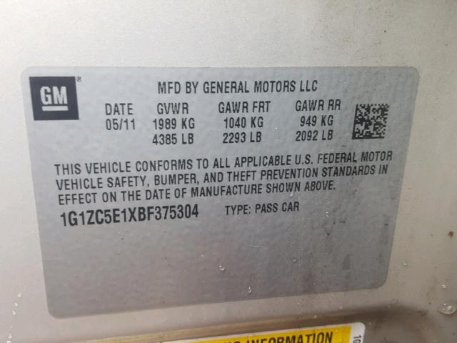 1G1ZC5E1XBF375304 - 2011 CHEVROLET MALIBU 1LT 棕色 照片 10