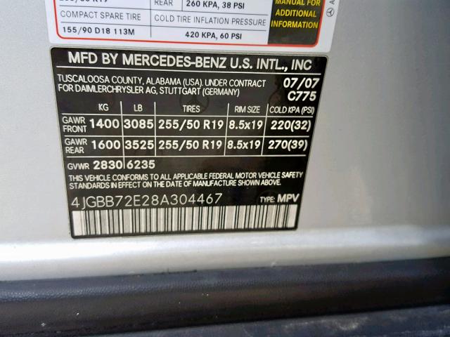 4JGBB72E28A304467 - 2008 MERCEDES-BENZ ML 550 SILVER photo 10