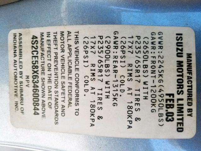 4S2CE58X634600844 - 2003 ISUZU AXIOM XS Mavi foto 10