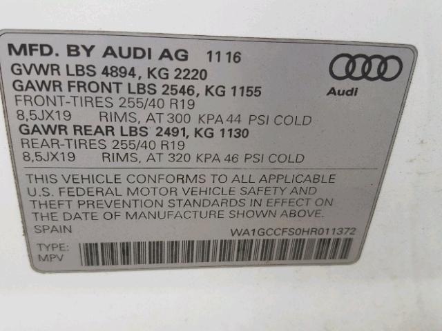 WA1GCCFS0HR011372 - 2017 AUDI Q3 PRESTIG WHITE photo 10