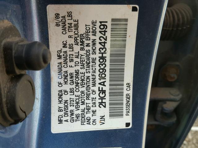 2HGFA16939H342491 - 2009 HONDA CIVIC EXL BLUE photo 10