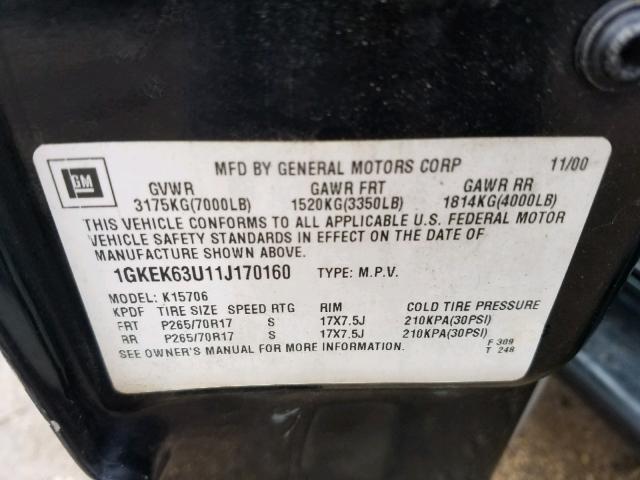 1GKEK63U11J170160 - 2001 GMC DENALI BLACK photo 10