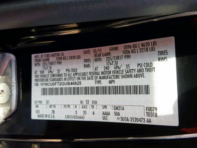 1FMCU0F72GUB46825 - 2016 FORD ESCAPE S BLACK photo 10