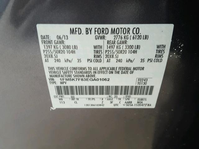 1FM5K7F83EGA01062 - 2014 FORD EXPLORER L GRAY photo 10