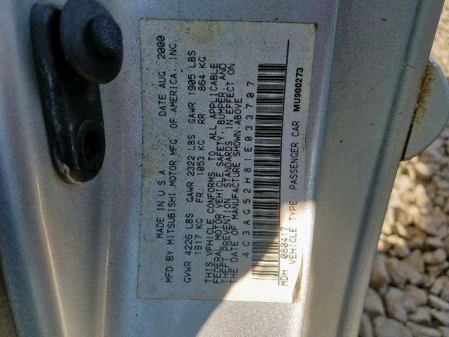 4C3AG52H81E033707 - 2001 CHRYSLER SEBRING LX SILVER photo 10