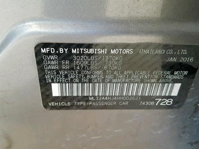 ML32A4HJ4HH002621 - 2017 MITSUBISHI MIRAGE SE SILVER photo 10