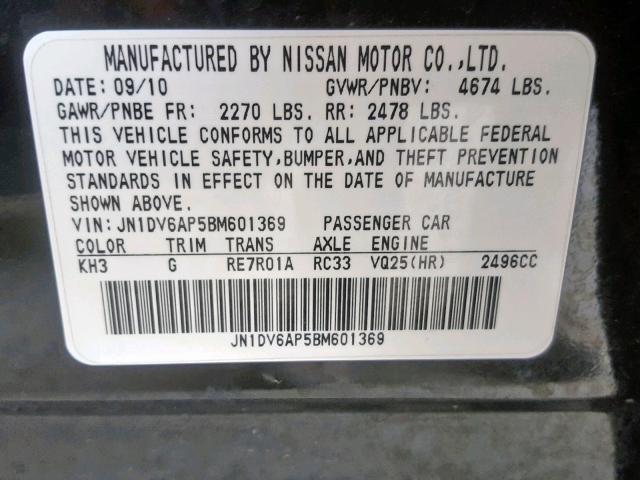 JN1DV6AP5BM601369 - 2011 INFINITI G25 BASE BLACK photo 10