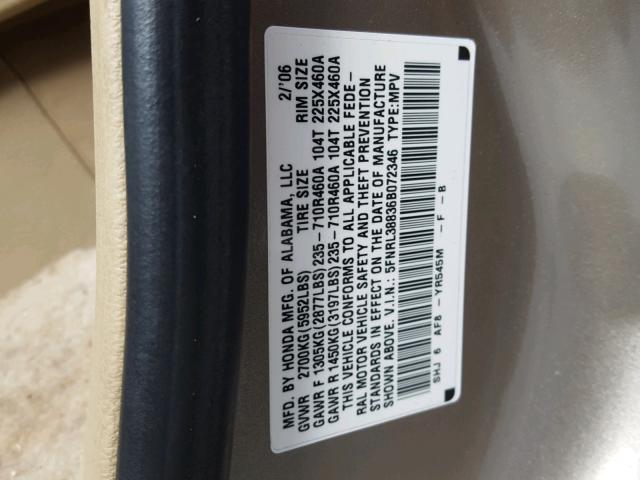 5FNRL38836B072346 - 2006 HONDA ODYSSEY TO GOLD photo 10