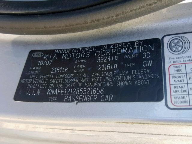 KNAFE121285521658 - 2008 KIA SPECTRA EX SILVER photo 10