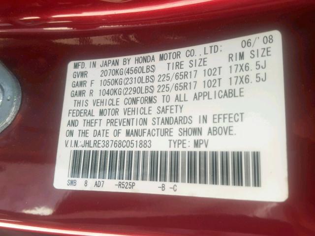 JHLRE38768C051883 - 2008 HONDA CR-V EXL RED photo 10