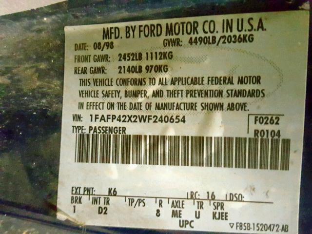 1FAFP42X2WF240654 - 1998 FORD MUSTANG GT BLUE photo 10