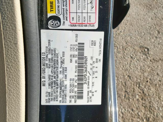 3FADP0L36AR349609 - 2010 FORD FUSION HYB BLACK photo 10