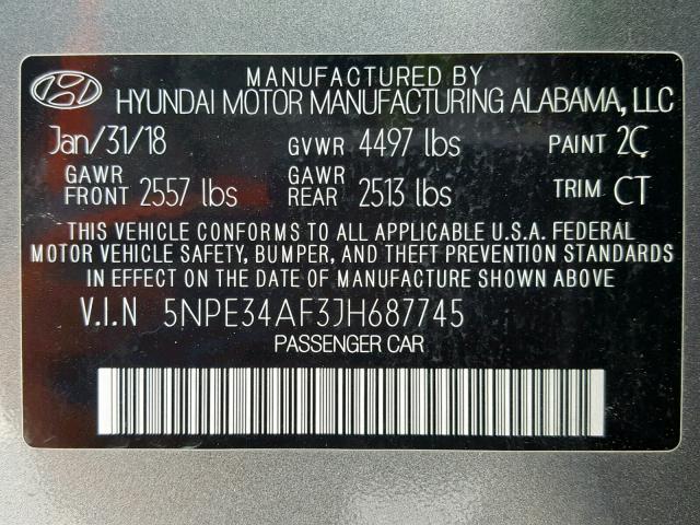 5NPE34AF3JH687745 - 2018 HYUNDAI SONATA SPO GRAY photo 10