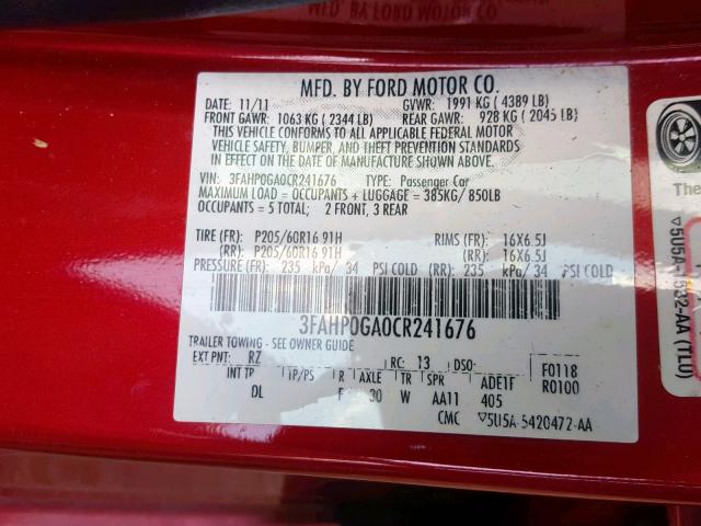 3FAHP0GA0CR241676 - 2012 FORD FUSION S RED photo 10