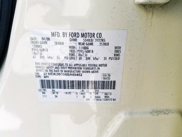 2FMDK38C08BA95452 - 2008 FORD EDGE SEL SILVER photo 10