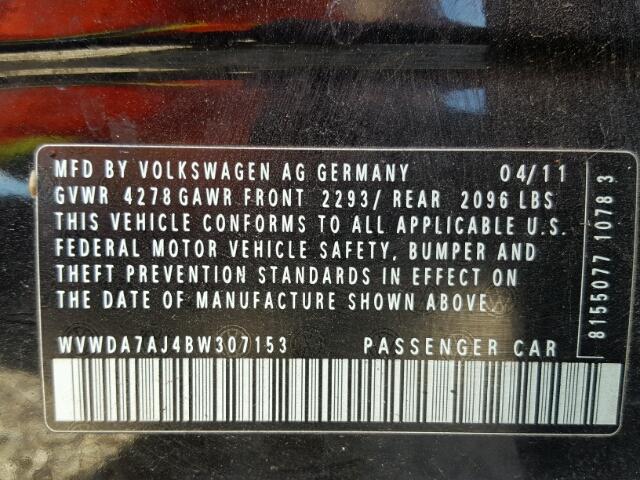WVWDA7AJ4BW307153 - 2011 VOLKSWAGEN GOLF 黑色 照片 10