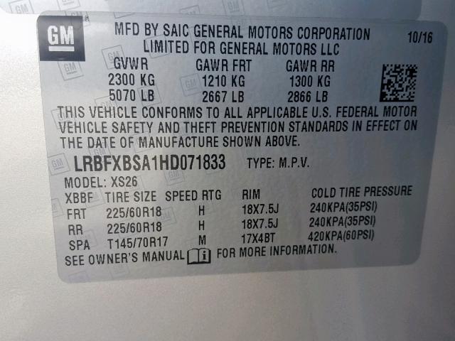 LRBFXBSA1HD071833 - 2017 BUICK ENVISION E SILVER photo 10