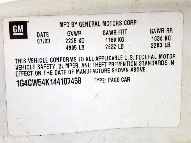 1G4CW54K144107458 - 2004 BUICK PARK AVENU WHITE photo 10