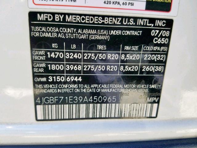 4JGBF71E39A450965 - 2009 MERCEDES-BENZ GL 450 4MA WHITE photo 10