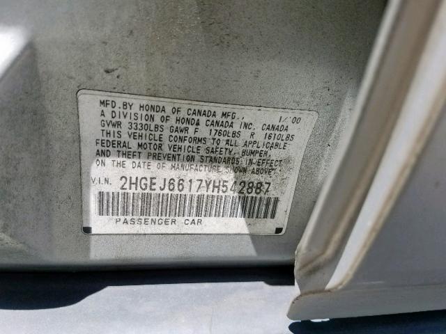 2HGEJ6617YH542887 - 2000 HONDA CIVIC BASE SILVER photo 10