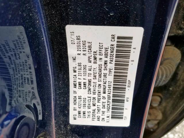 1HGCR2F86FA254912 - 2015 HONDA ACCORD EXL BLUE photo 10