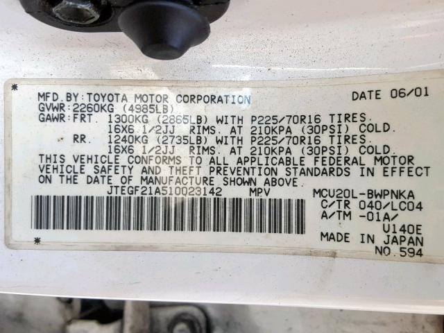 JTEGF21A510023142 - 2001 TOYOTA HIGHLANDER WHITE photo 10