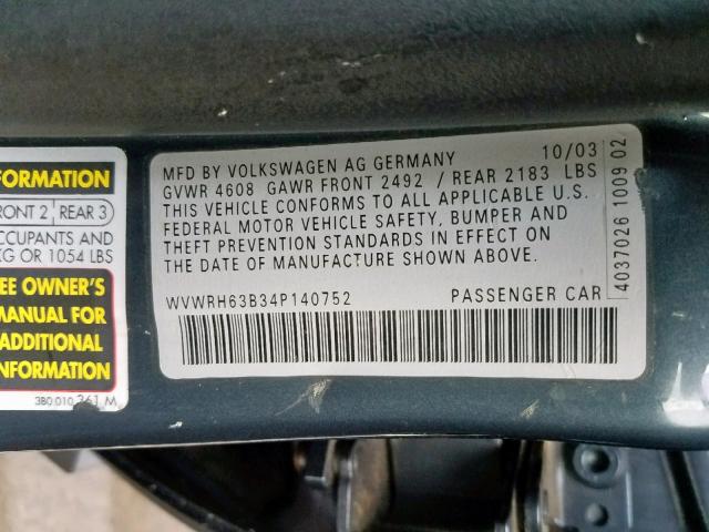 WVWRH63B34P140752 - 2004 VOLKSWAGEN PASSAT GLX GRAY photo 10