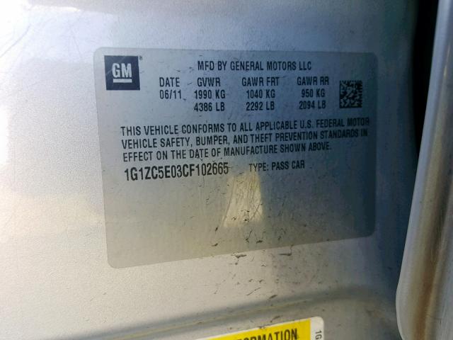 1G1ZC5E03CF102665 - 2012 CHEVROLET MALIBU 1LT SILVER photo 10