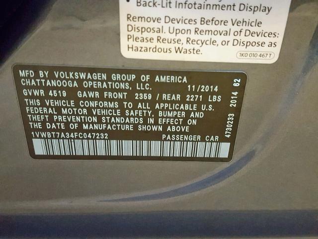 1VWBT7A34FC047232 - 2015 VOLKSWAGEN PASSAT SE CHARCOAL photo 10