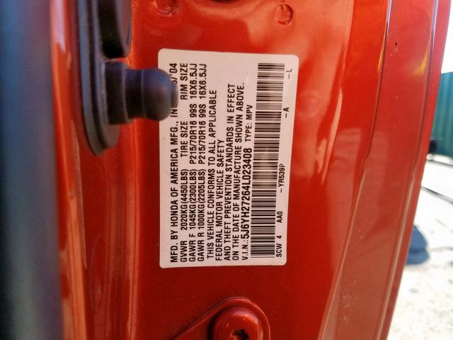 5J6YH27264L023408 - 2004 HONDA ELEMENT DX ORANGE photo 10