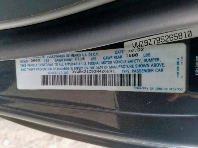 3VWBK21C93M426291 - 2003 VOLKSWAGEN NEW BEETLE ნაცრისფერი ფოტო 10