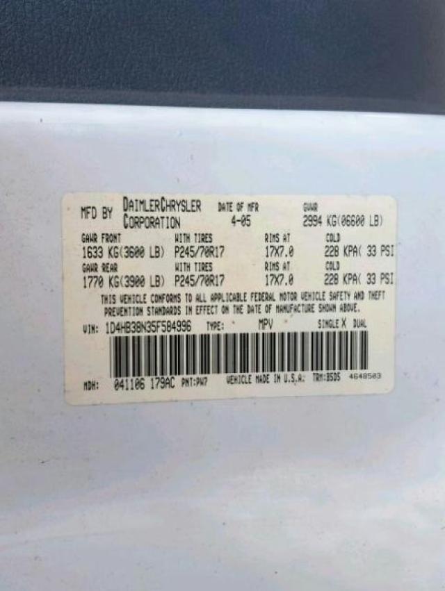 1D4HB38N35F584996 - 2005 DODGE DURANGO ST WHITE photo 10