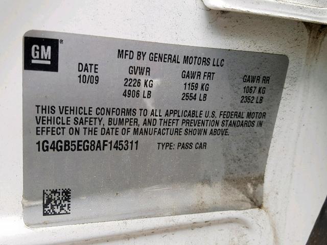 1G4GB5EG8AF145311 - 2010 BUICK LACROSSE C WHITE photo 10